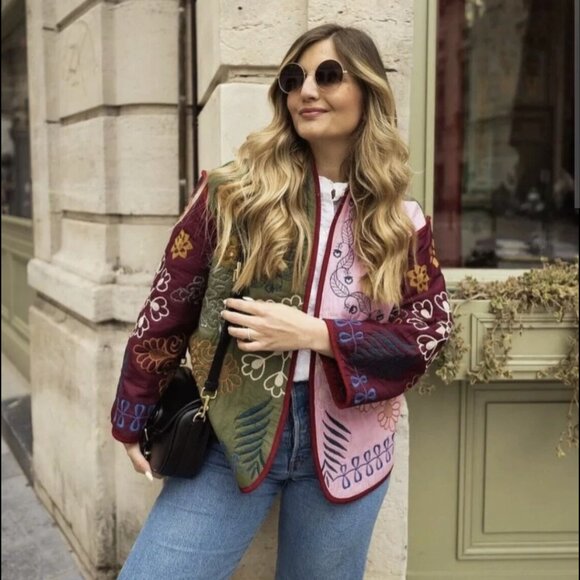 Zara Women's Quilted Patchwork Oversized Embroidered Kimono Jacket Granny M - Picture 2 of 15